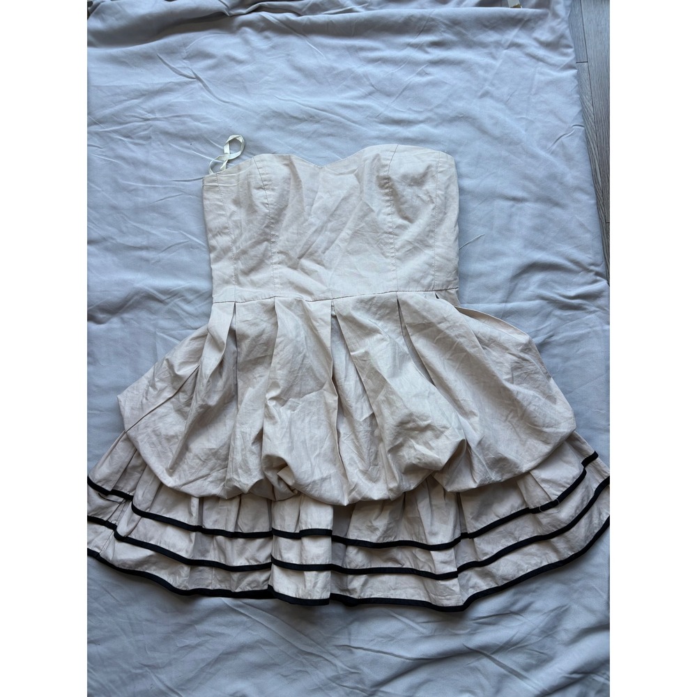 Toska Tan Strapless Bubble Hem Mini Dress Black Trim Smocked Back Medium IGD-637